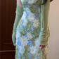 Gentle green floral suspender dress with beautiful temperament waist long skirt R0654
