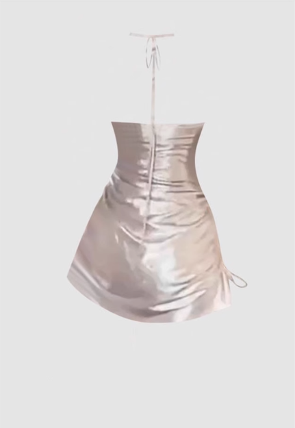 Sexy hot girl swing collar halter neck shiny dress 2025 large size waist drawstring hip skirt R1272