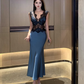 Sexy satin lace deep V-neck dress French sexy evening dress high-end R1619