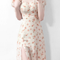 2025 Summer New French Square Neck Puff Sleeve Mid-Length Floral Waist Dress R0928