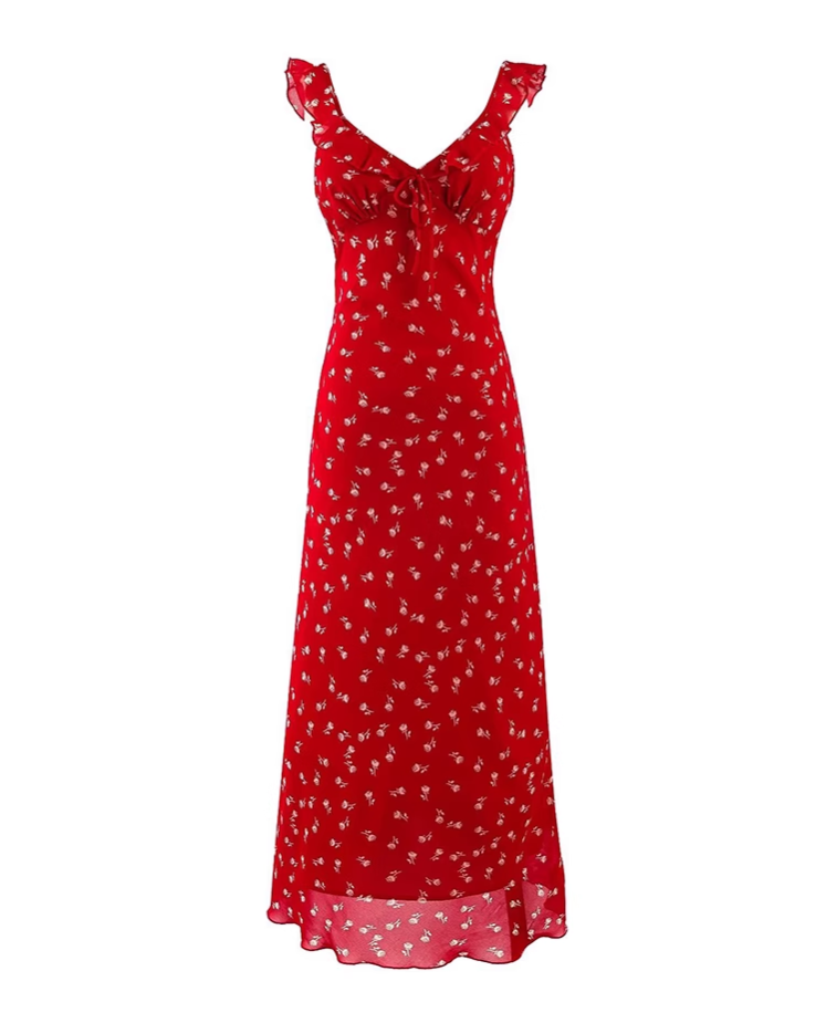 French pure red floral slim dress 2025 new sweet long dress R2590