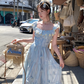 Blue long chiffon printed small flying sleeve suspender dress summer French sweet slim skirt R4616