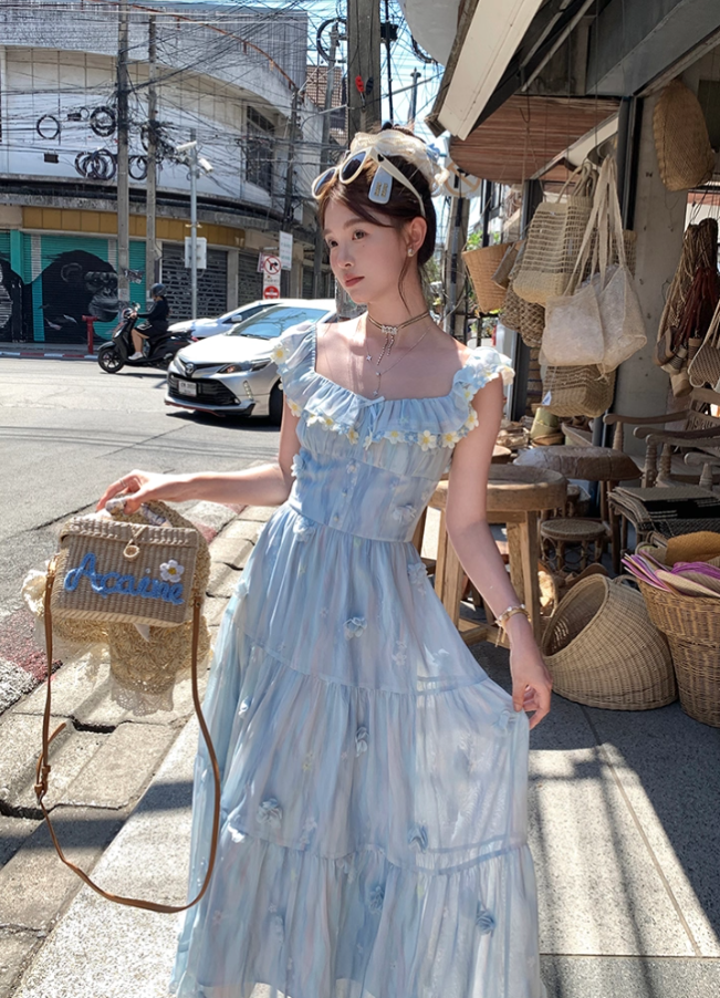 Blue long chiffon printed small flying sleeve suspender dress summer French sweet slim skirt R4616