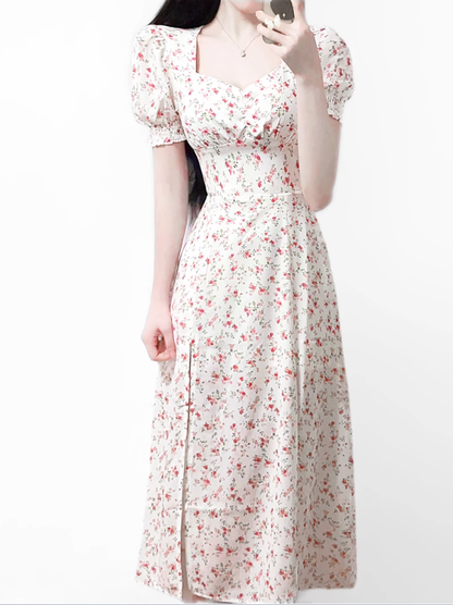 2025 summer new French pink floral girl age-reducing waist long dress R0921