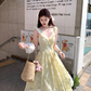 Yellow long v-neck waist hollow rose suspender dress summer French retro skirt R4872