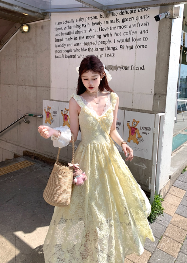 Yellow long v-neck waist hollow rose suspender dress summer French retro skirt R4872