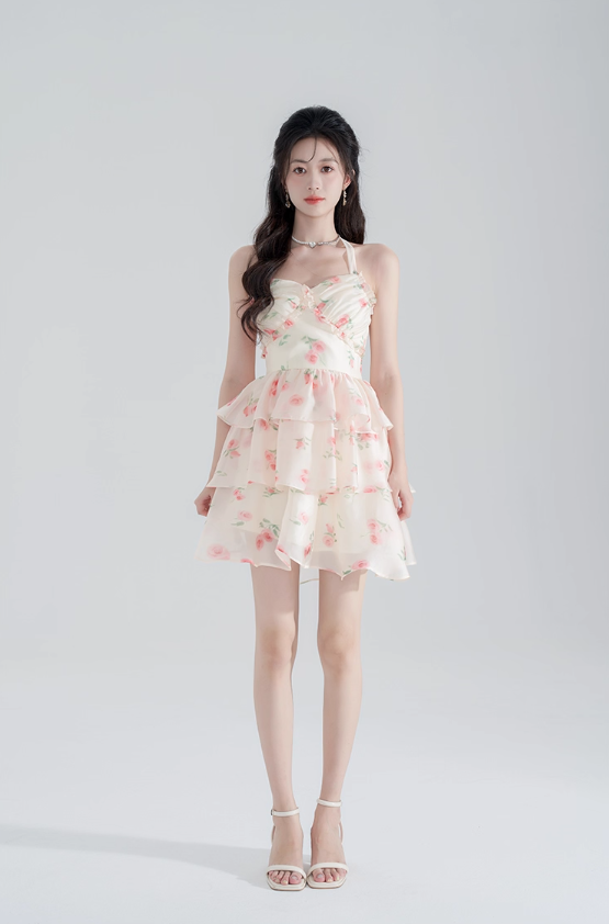Super fairy new halter neck printed chiffon dress pure summer girl cake skirt fairy skirt female R4112