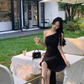 French style irregular dress with oblique shoulder, slim waist and black polka dot short skirt for summer R4335