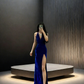 Blue halter-neck fitted waist slim-fitting slit sexy ball gown R8047