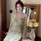 Halter neck suspender dress 2025 sexy backless print gentle waist-revealing long skirt R1476
