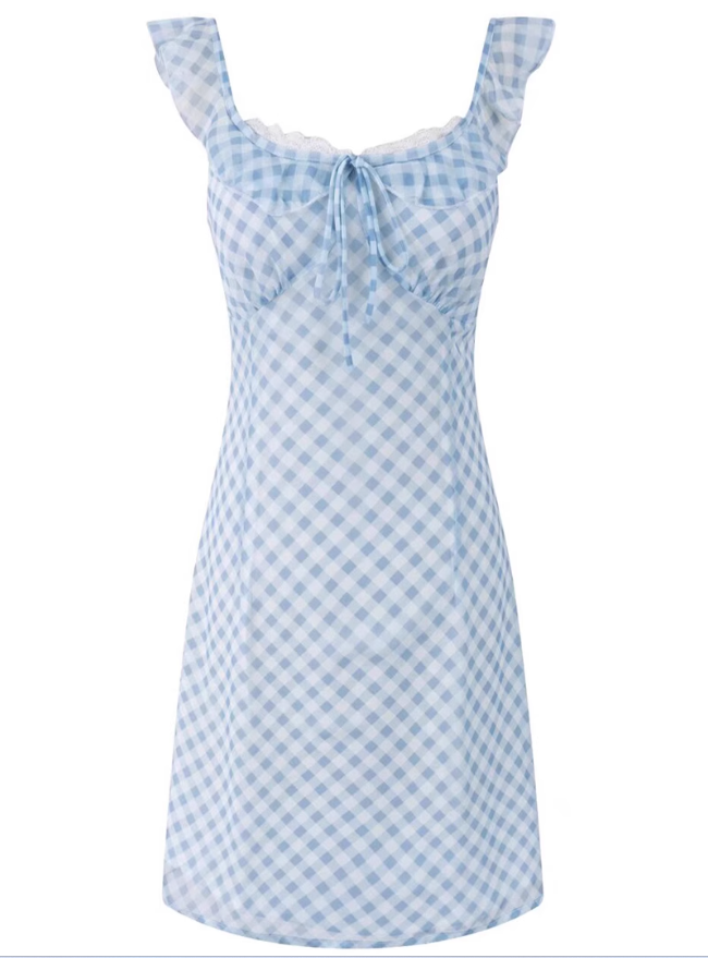2025 Summer New Blue Plaid Lace Square Neck Short Sleeveless Dress R0969