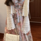 Retro floral suspender dress gentle temperament waist A-line long skirt R0785