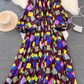 Fashion lantern long sleeve round neck waist a-line print irregular dress elegant long skirt R0404