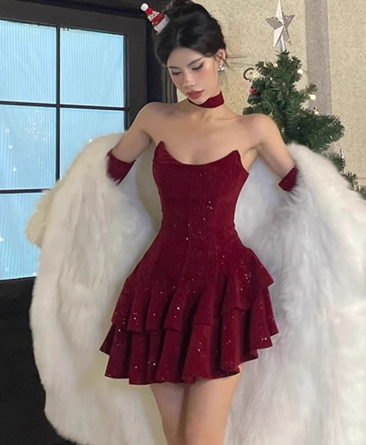 New Year atmosphere velvet tube top dress 2025 plus size evening dress puffy skirt R1416