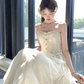 Long Apricot Lace Corset Fishbone French Suspender Skirt Summer Dress R4944