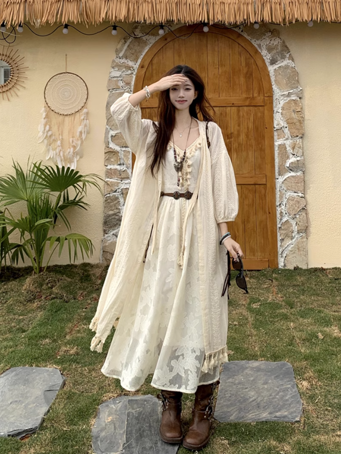 Fairy travel outfit V-neck suspender embroidered long skirt tassel sunscreen cardigan two-piece suit R1728