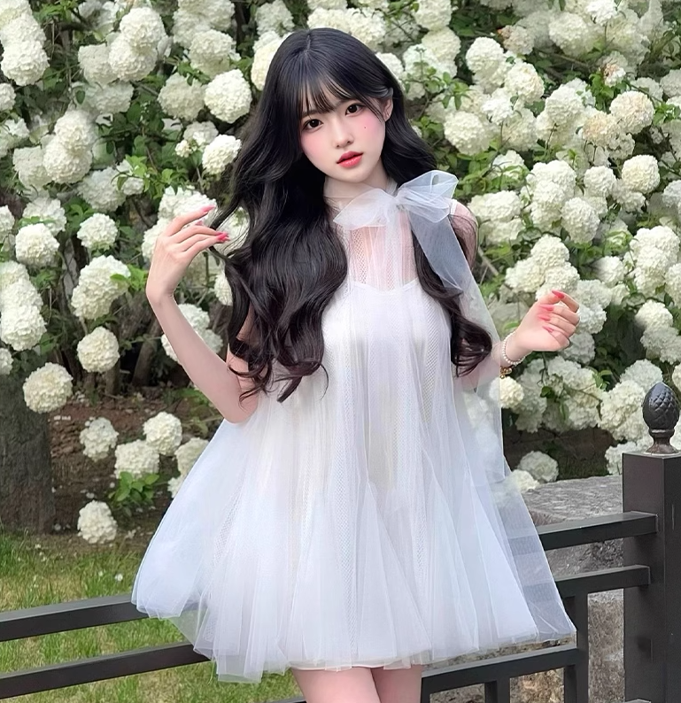 Gentle and sweet style white mesh sleeveless dress beautiful loose A-line short skirt R0801