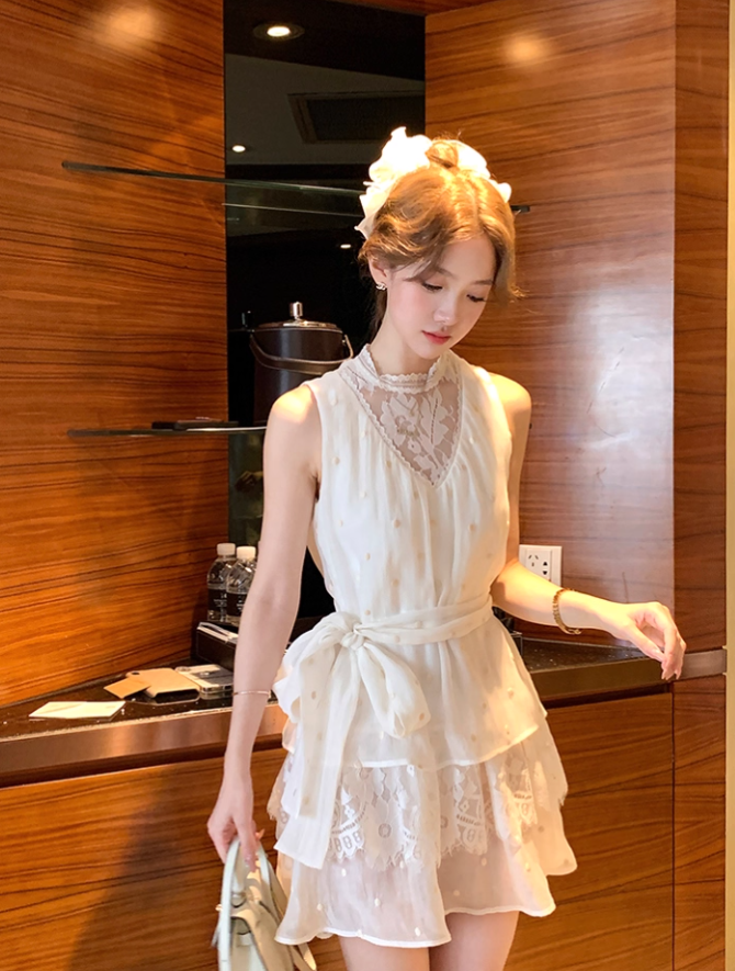 Apricot mid-length waist hollow embroidery polka dot dress summer French retro temperament skirt R4702