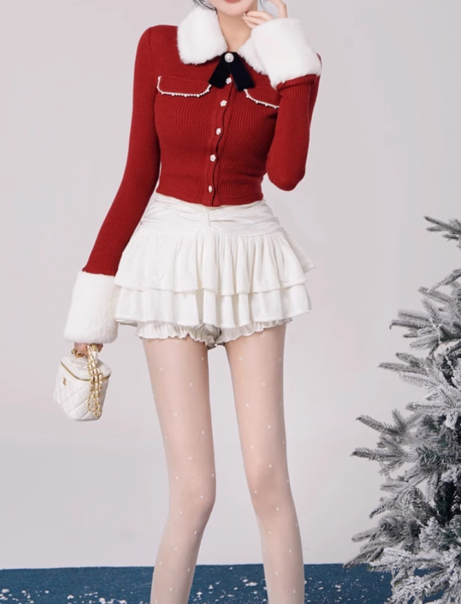 Pure desire style fur patchwork knitted top 2025 large size puffy skirt New Year suit R1379