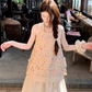 Gentle and pure daisy embroidered fake two-piece vest top with skirt suit R1745