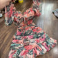 Retro pink green pleated waist puff sleeve short skirt homecoming dress R2844