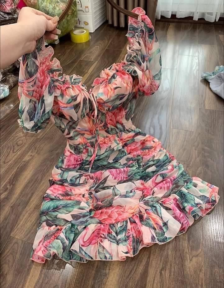 Retro pink green pleated waist puff sleeve short skirt homecoming dress R2844