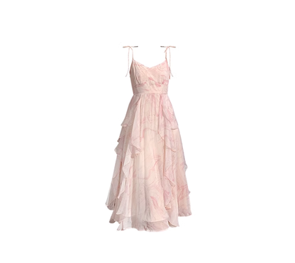 2025 new pink suspender dress ruffled fairy seaside long dress R0038