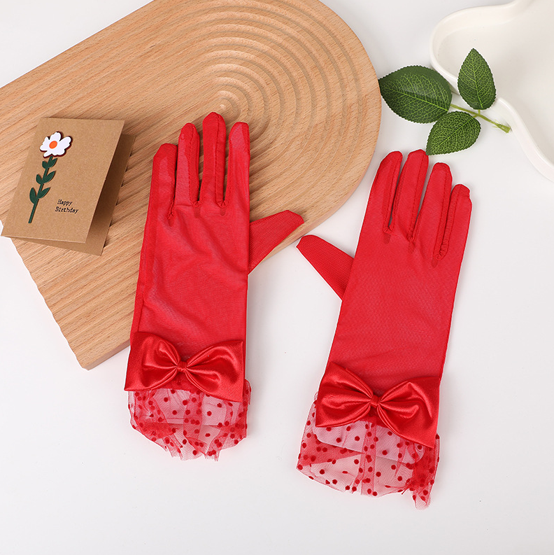 Mesh gloves, black lace polka dot lace bow short tube French Hepburn style dress     S6255