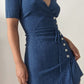 Blue retro polka dot V-neck waist slim A-line short skirt homecoming dress R3352