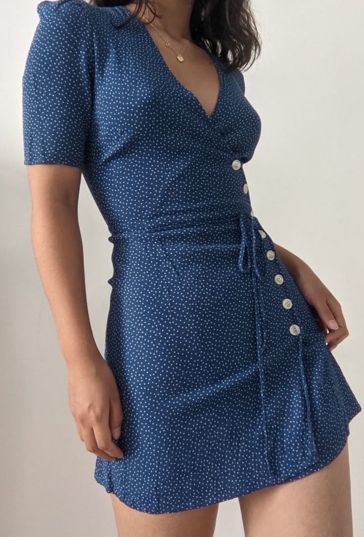 Blue retro polka dot V-neck waist slim A-line short skirt homecoming dress R3352