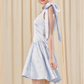 Blue embossed rose flower pleated waist bow dress R5249
