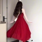 French retro red three-dimensional flower sling dress seaside holiday waist temperament long skirt R0428