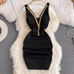 Fashionable slim fit sexy V-neck low-cut slit irregular sleeveless slim fit short hip dress R0369
