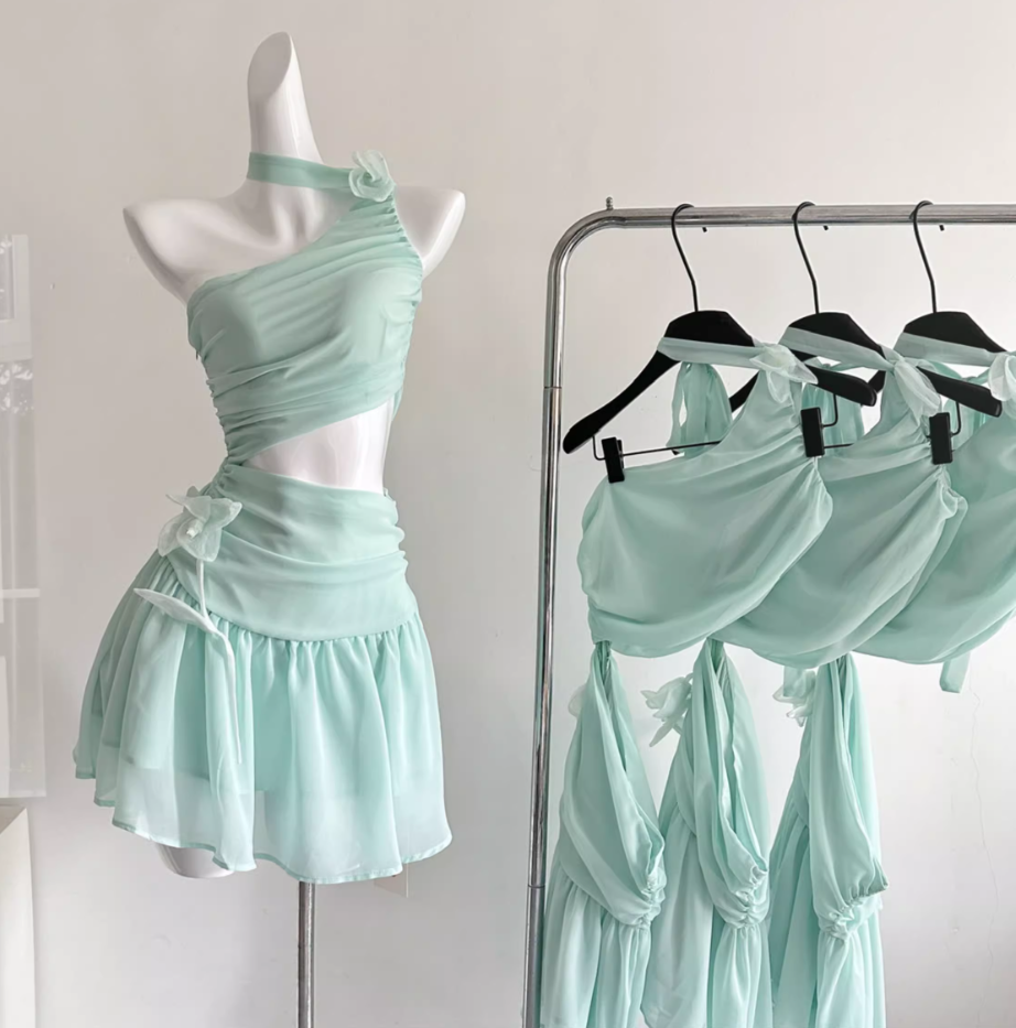 Off-shoulder sheer mesh waist dress R1992