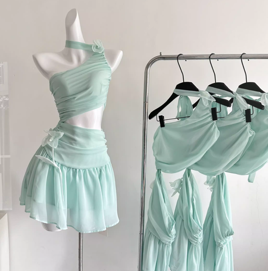 Off-shoulder sheer mesh waist dress R1992