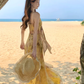 Yellow gradient floral suspender dress with gentle temperament and slim waist R0681