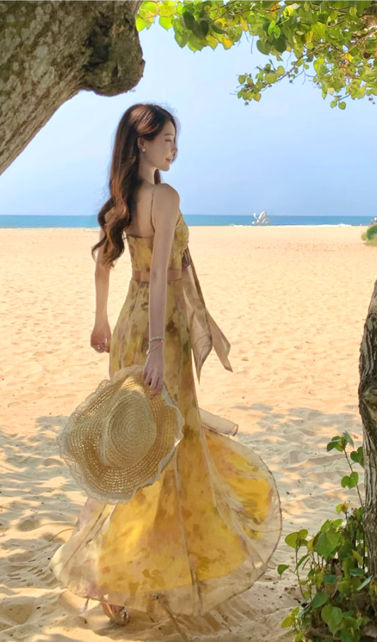 Yellow gradient floral suspender dress with gentle temperament and slim waist R0681