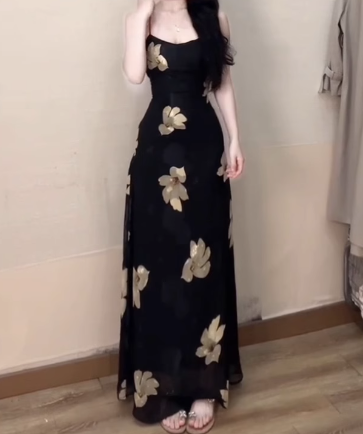 Large size French sexy printed suspender dress with waist and beautiful slim long skirt R1849