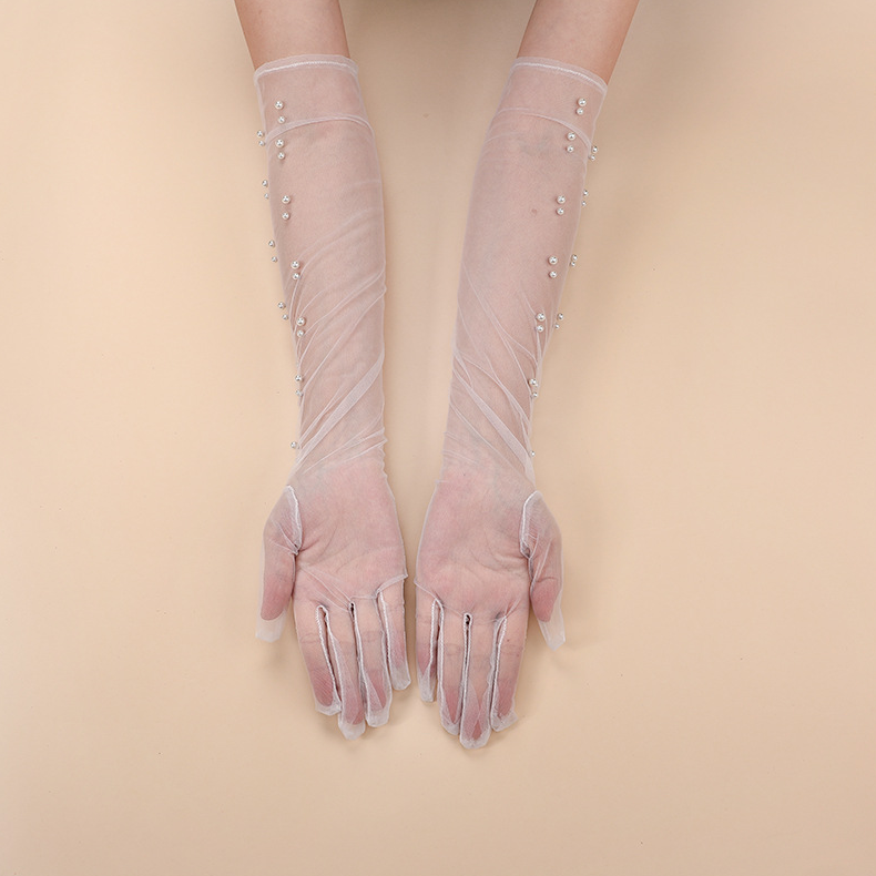 Mesh sun protection gloves pearl full finger gloves transparent lace long dress bride wedding gloves     S6272