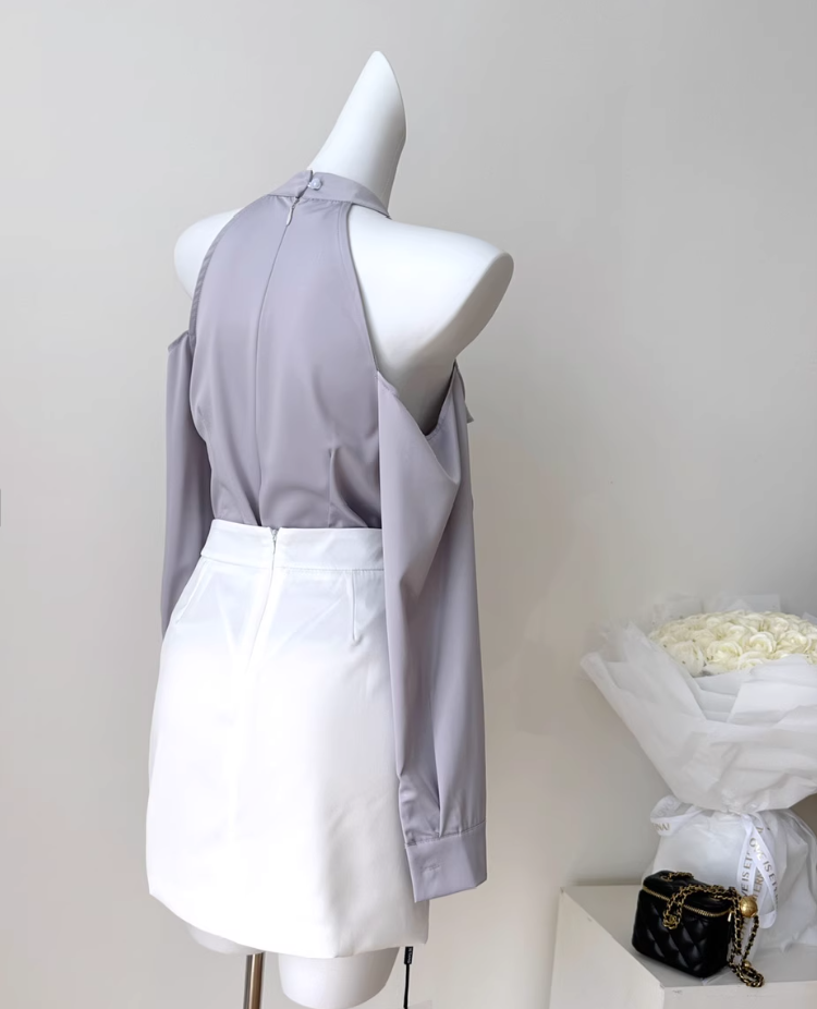 Waist-length irregular off-shoulder halter neck satin shirt dress R2098