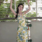 Dress French style sunflower floral U-neck sexy slim fit lotus leaf sleeve suspender dress R2924
