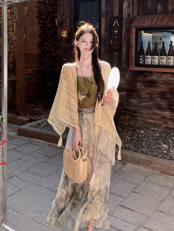 Fairy new Chinese suit butterfly embroidery sling ink dyeing skirt sweater a complete set R1747