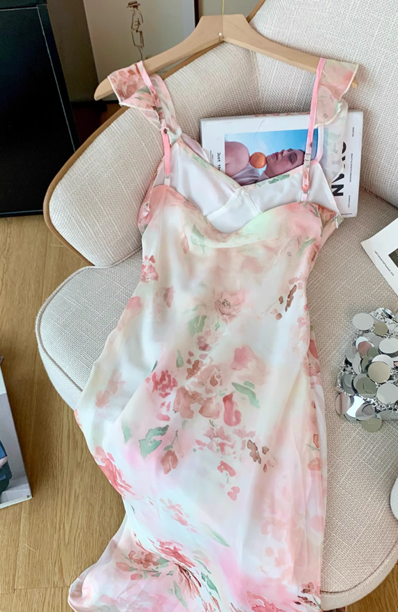 French pure desire style v-neck suspender dress new gentle style small flying sleeve long dress R4034