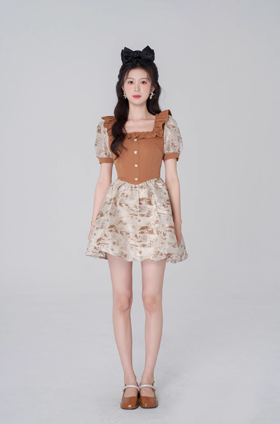 French ruffled square neck jacquard short-sleeved dress summer new high waist lantern sleeve waist short skirt R4180