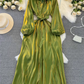 High-class lady temperament long-sleeved bow tie waist slimming A-line shiny sequin dress R0388