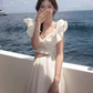 Super fairy long skirt with small flying sleeves white waist-baring dress holiday beach skirt R1607