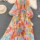 Light luxury temperament lantern long sleeve round neck waist single breasted print elegant dress R0403