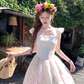 Pink long square neck waist A-line suspender dress women's summer French retro skirt R4740