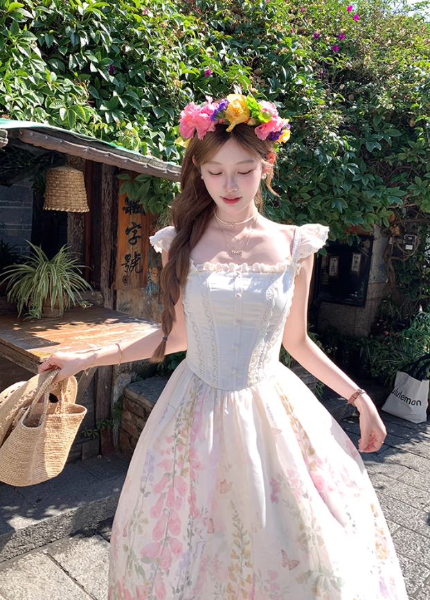 Pink long square neck waist A-line suspender dress women's summer French retro skirt R4740