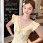 Yellow mid-length v-neck small fragrance temperament beaded bow dress summer skirt R4741